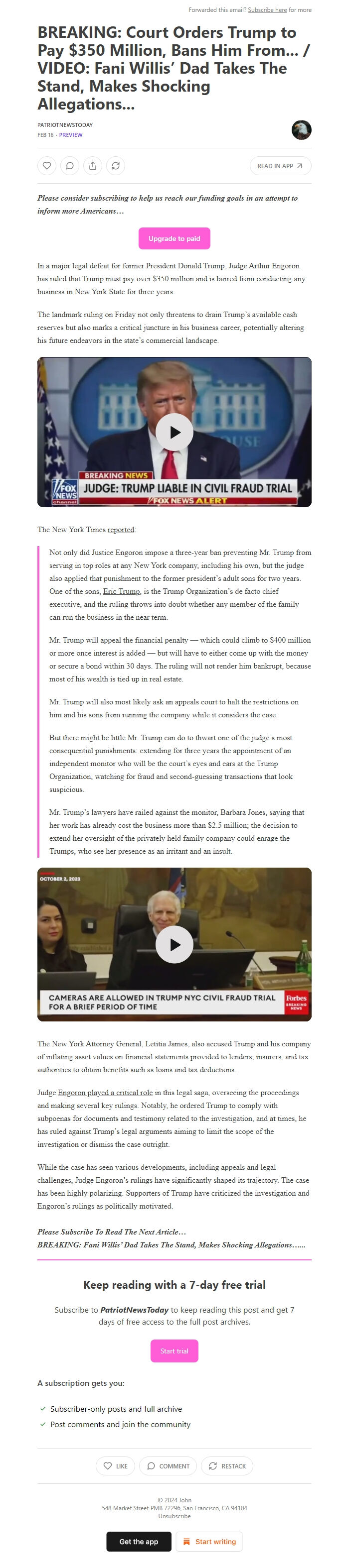 Screenshot of the email generated on import