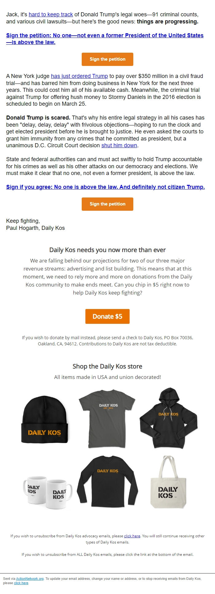 Screenshot of the email generated on import