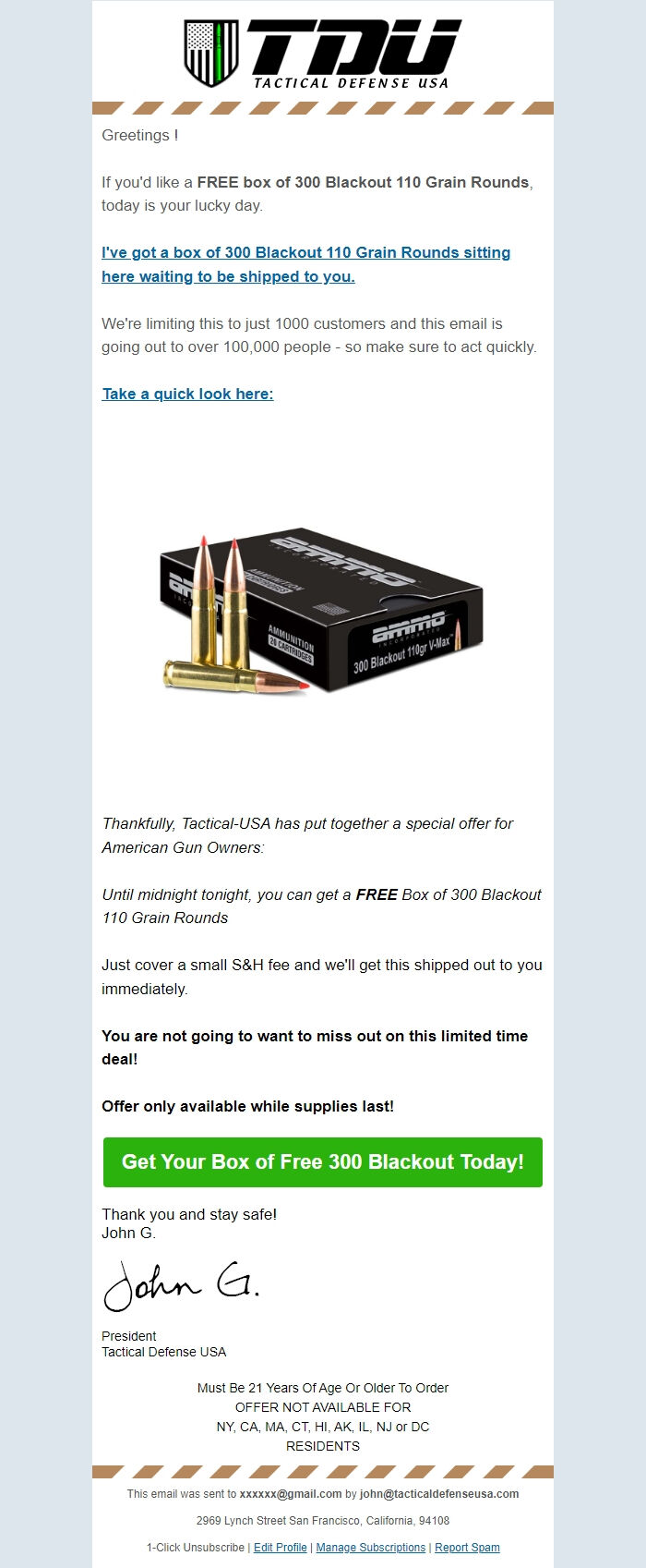 Screenshot of the email generated on import