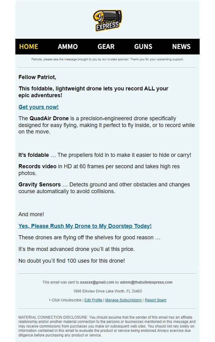 Screenshot of the email generated on import