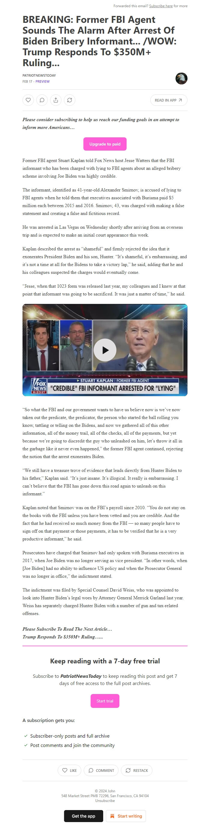 Screenshot of the email generated on import