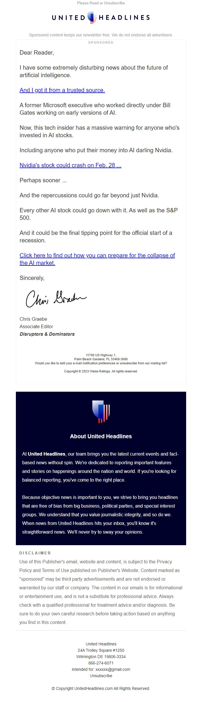 Screenshot of the email generated on import