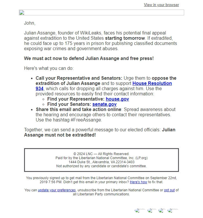 Screenshot of the email generated on import