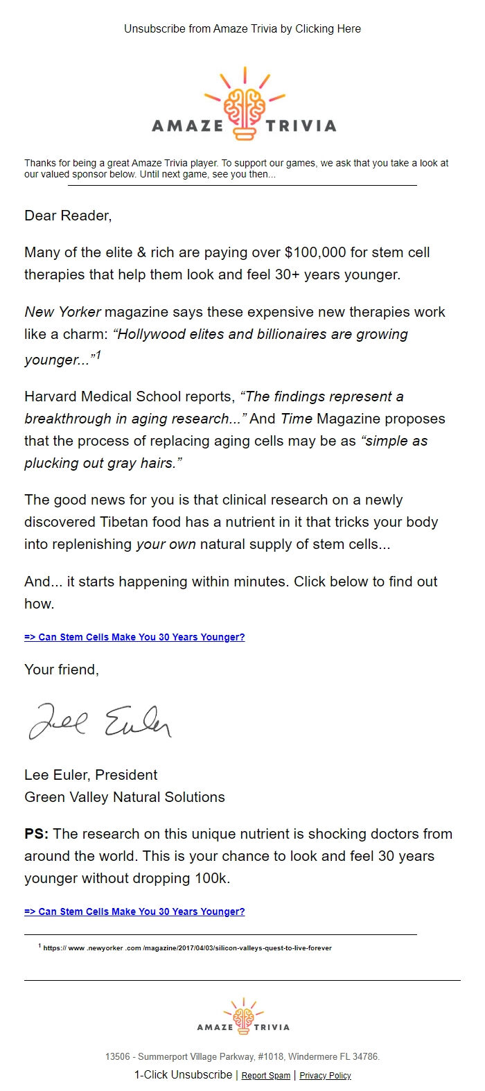 Screenshot of the email generated on import