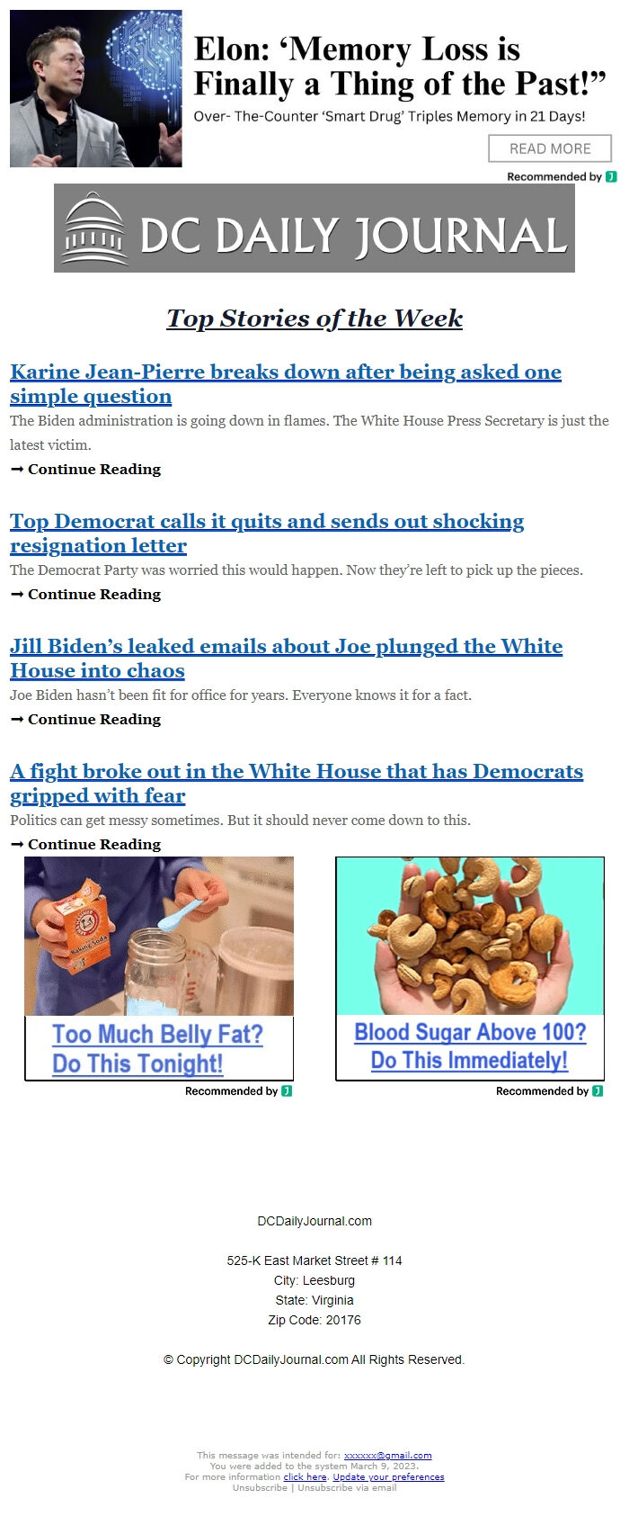 Screenshot of the email generated on import