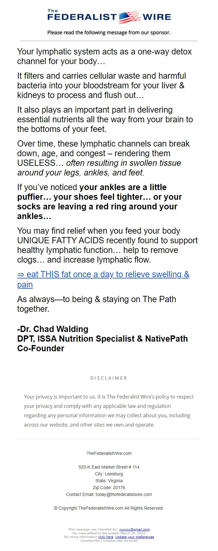 Screenshot of the email generated on import