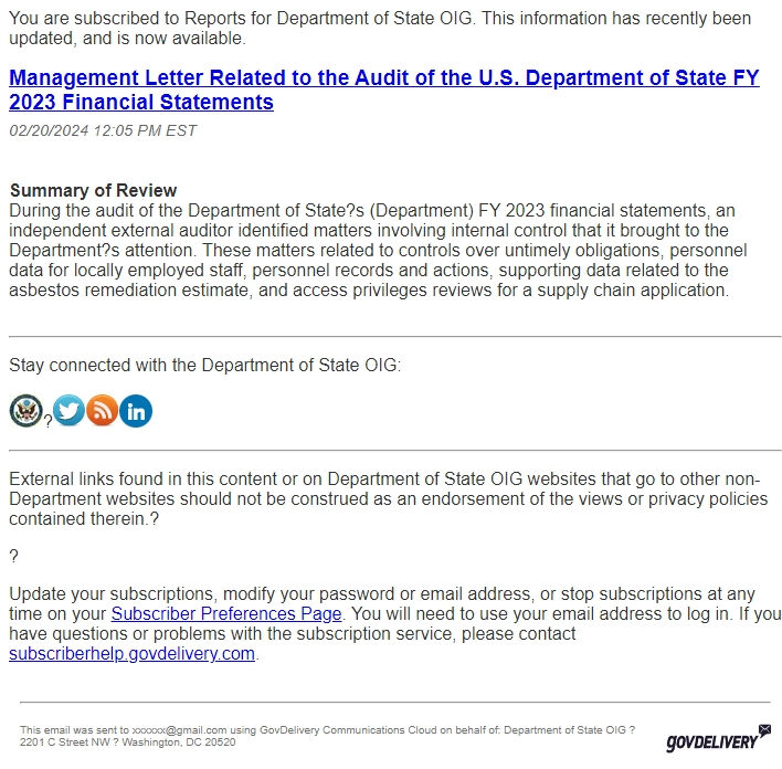 Screenshot of the email generated on import