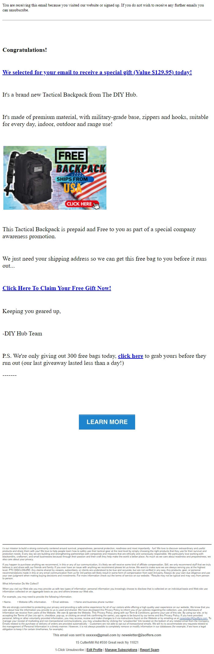 Screenshot of the email generated on import