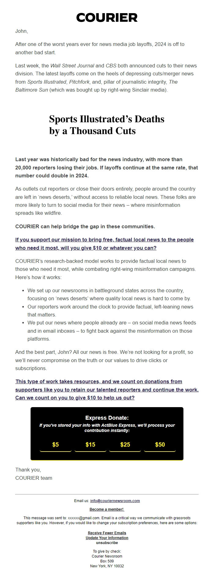 Screenshot of the email generated on import