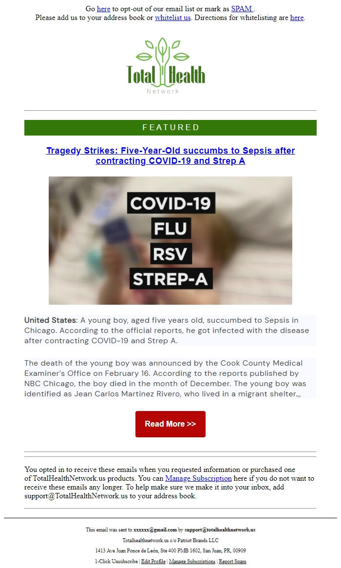 Screenshot of the email generated on import