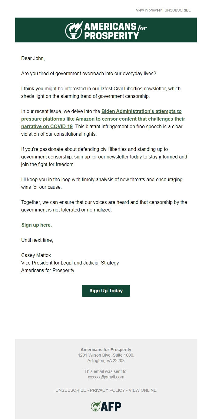 Screenshot of the email generated on import