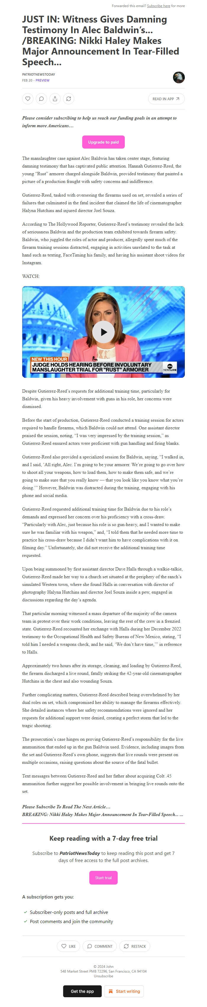 Screenshot of the email generated on import
