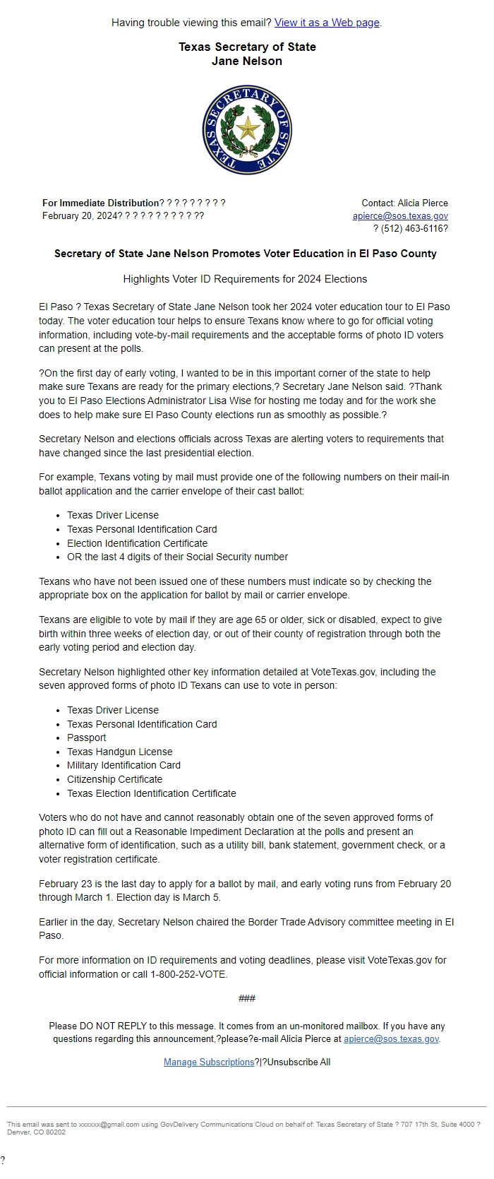 Screenshot of the email generated on import