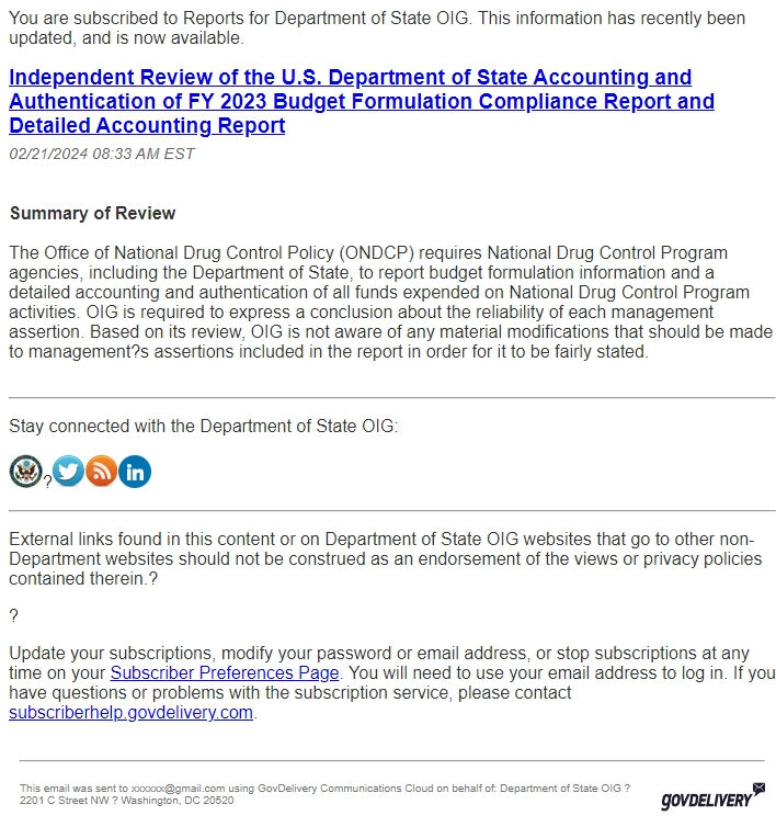 Screenshot of the email generated on import