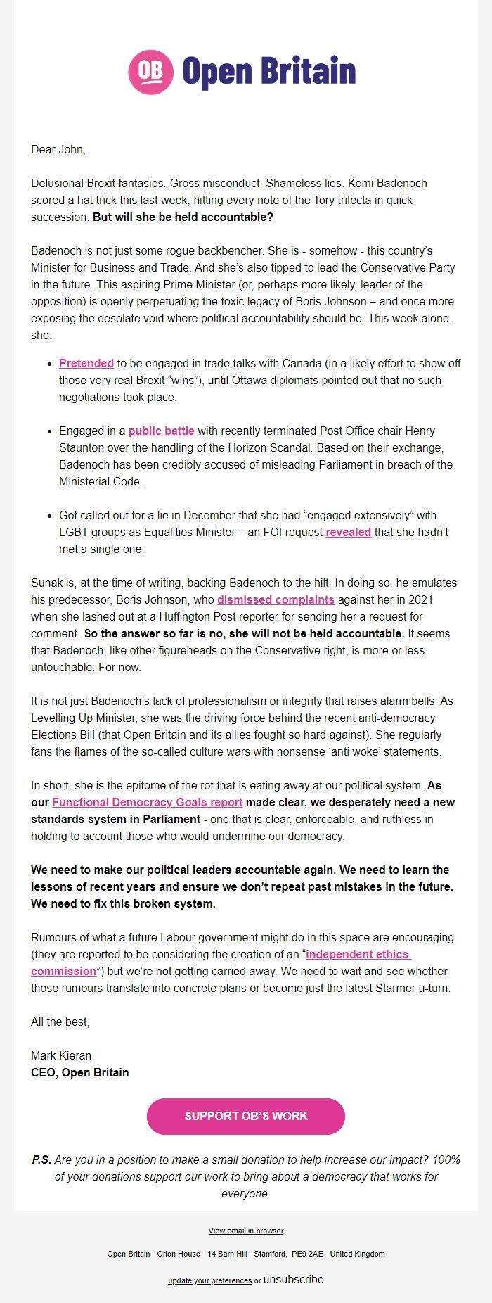 Screenshot of the email generated on import