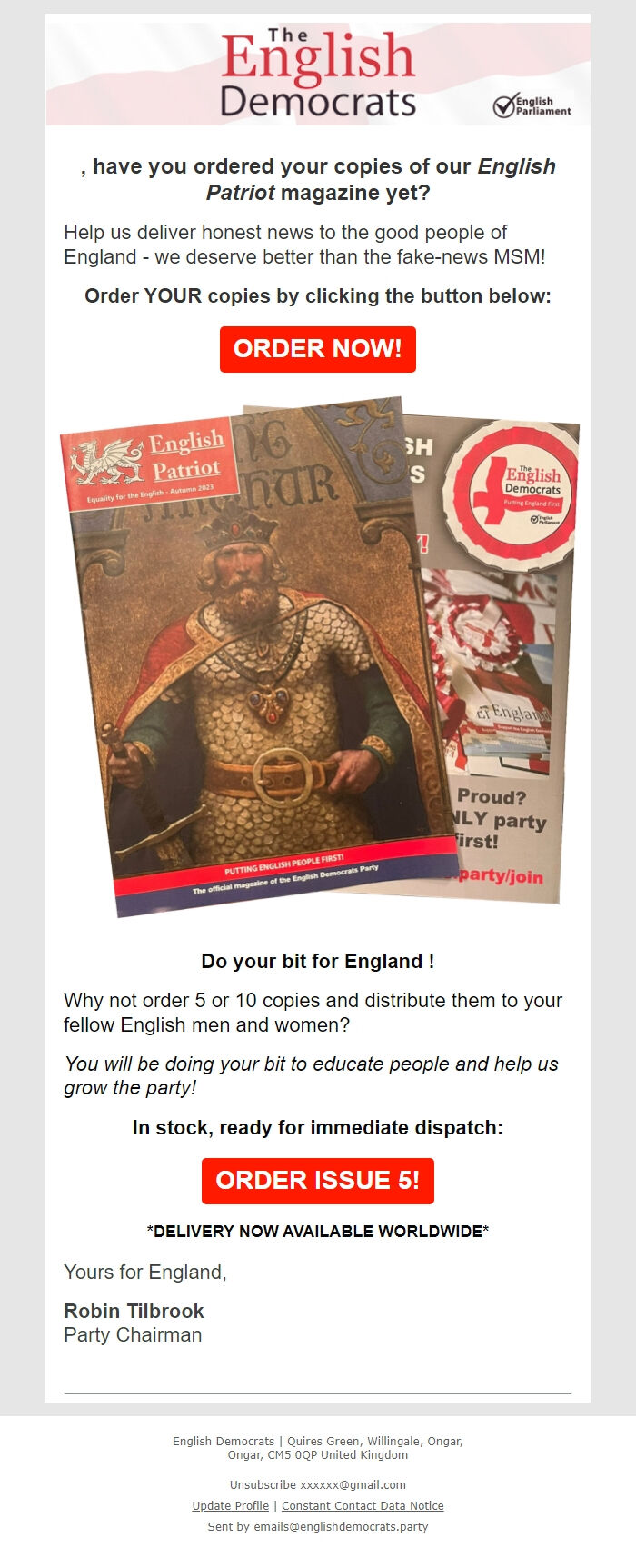 Screenshot of the email generated on import
