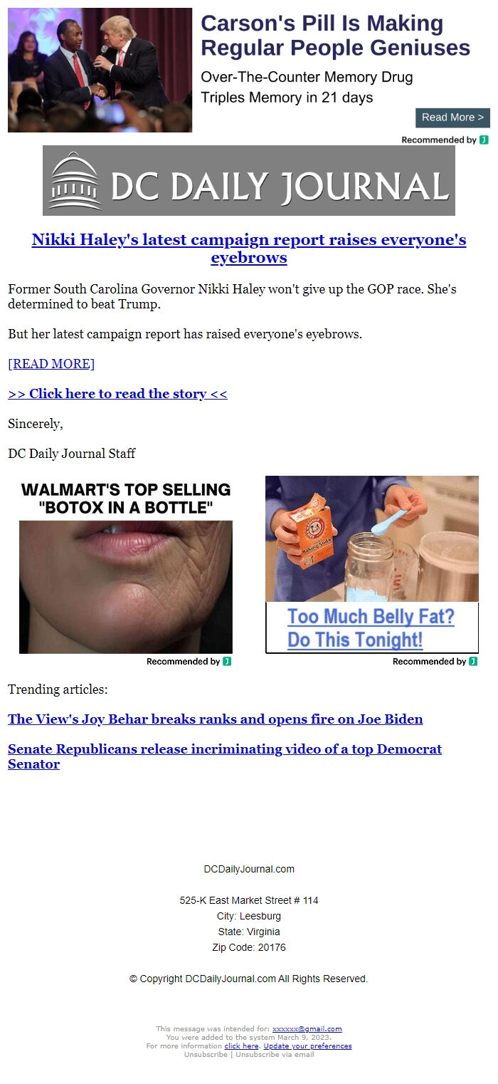 Screenshot of the email generated on import