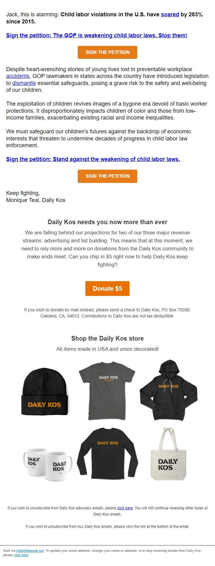 Screenshot of the email generated on import