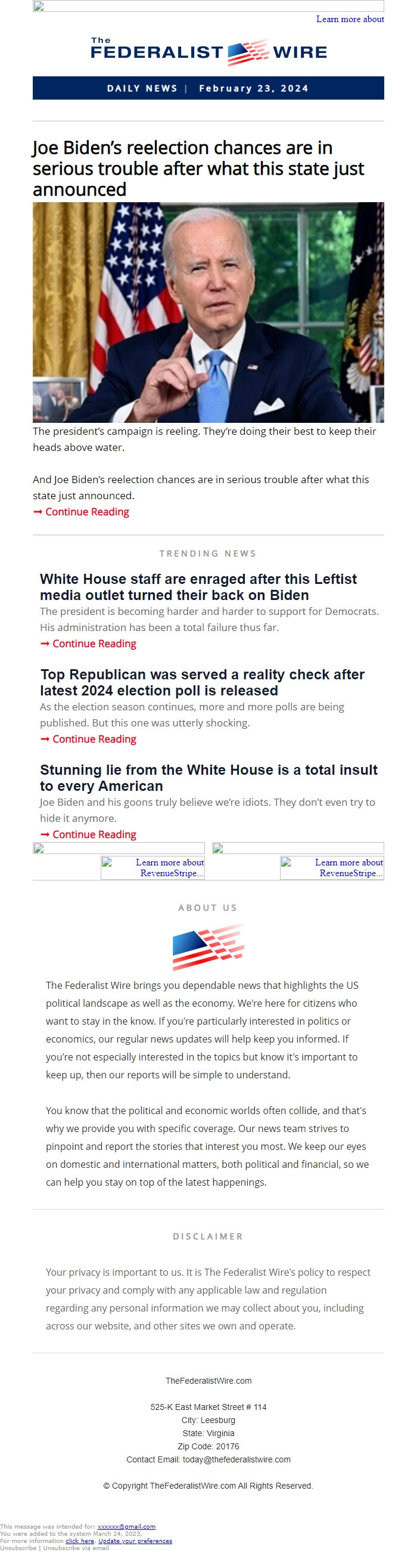 Screenshot of the email generated on import