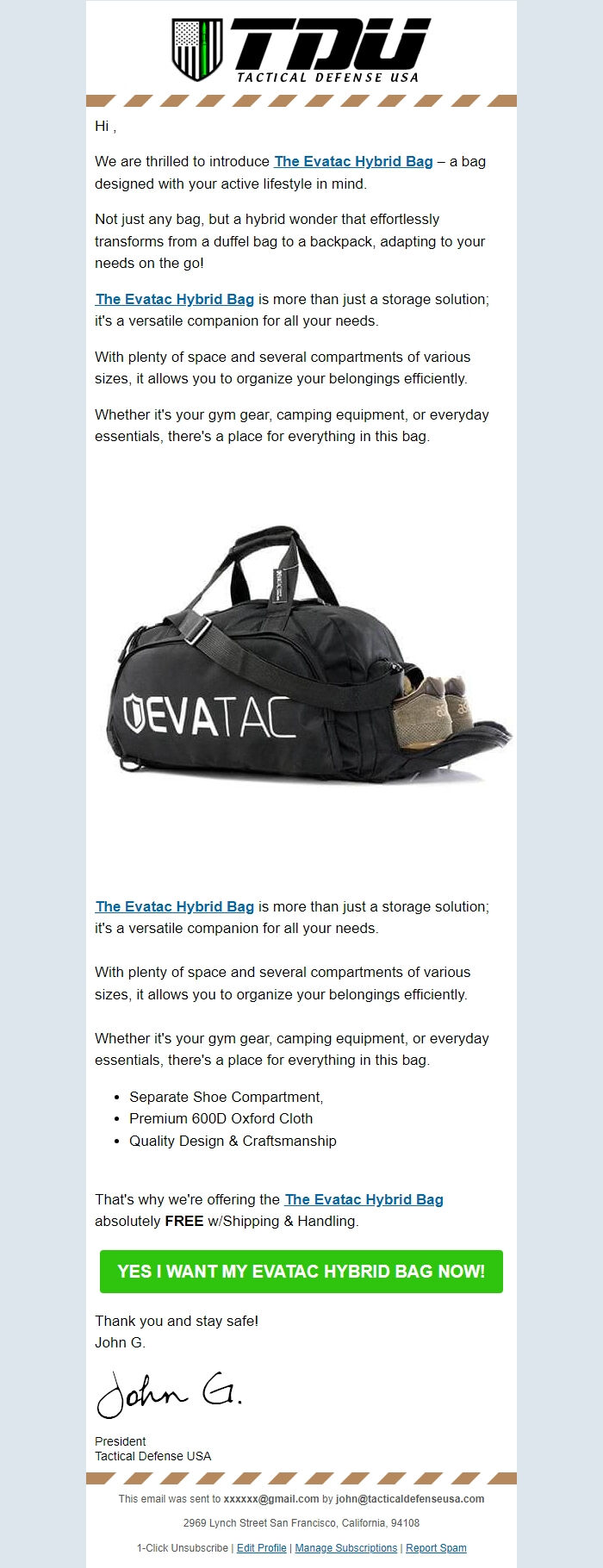 Screenshot of the email generated on import