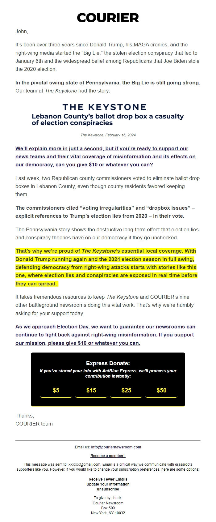 Screenshot of the email generated on import