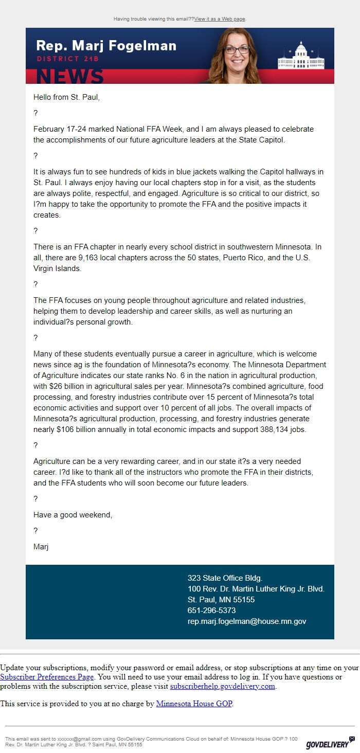 Screenshot of the email generated on import