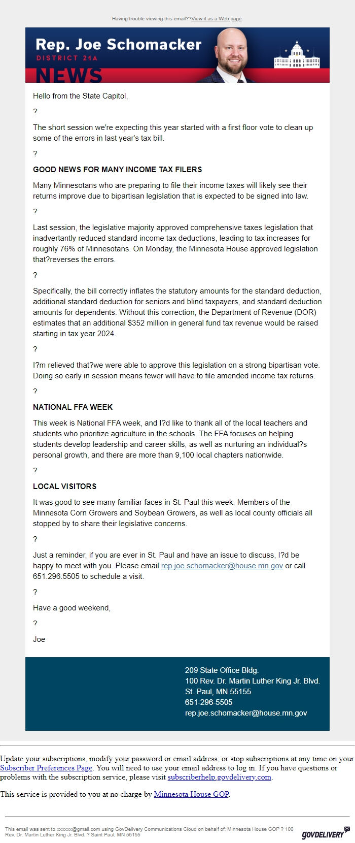 Screenshot of the email generated on import