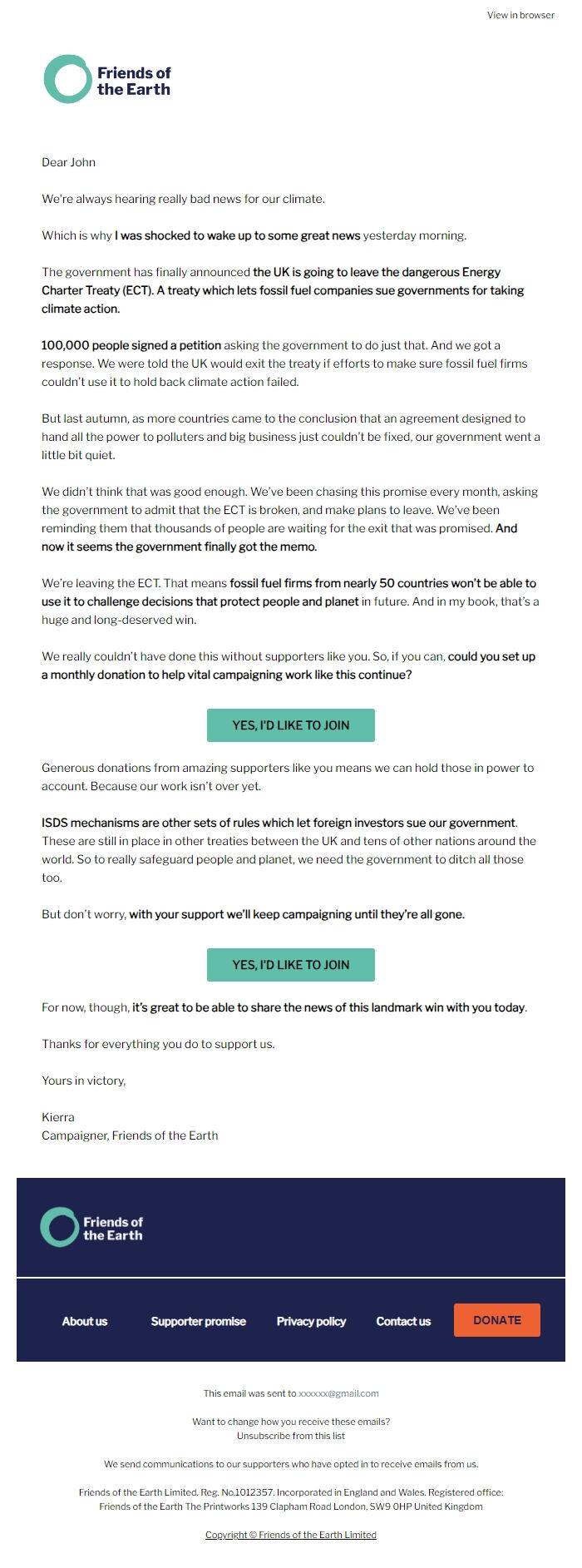 Screenshot of the email generated on import