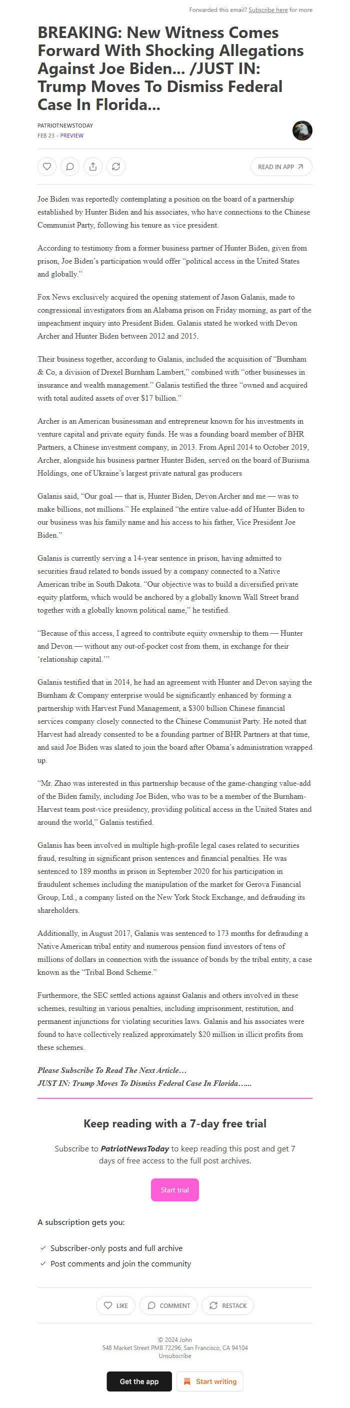 Screenshot of the email generated on import