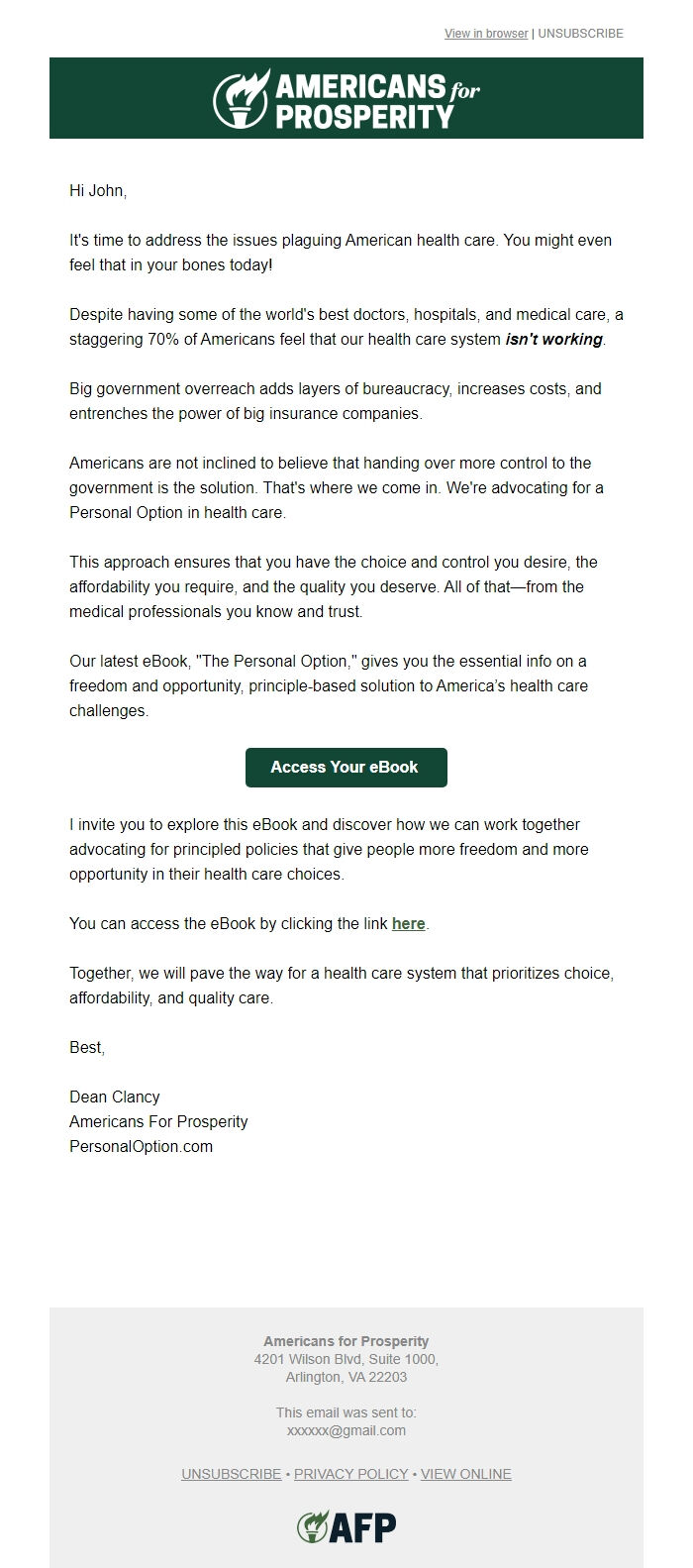 Screenshot of the email generated on import