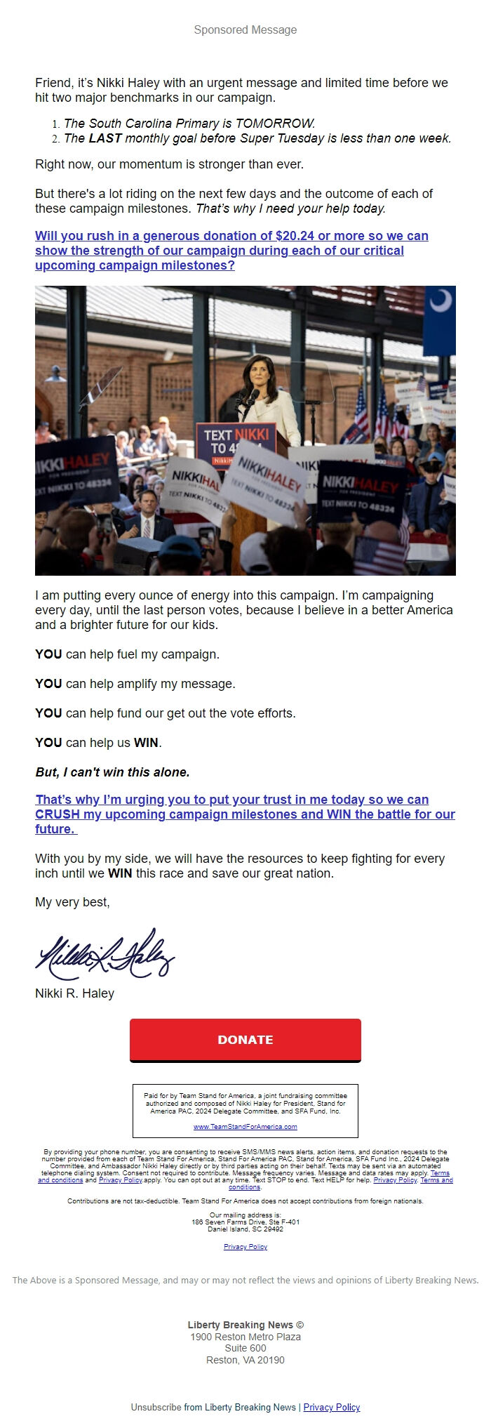 Screenshot of the email generated on import