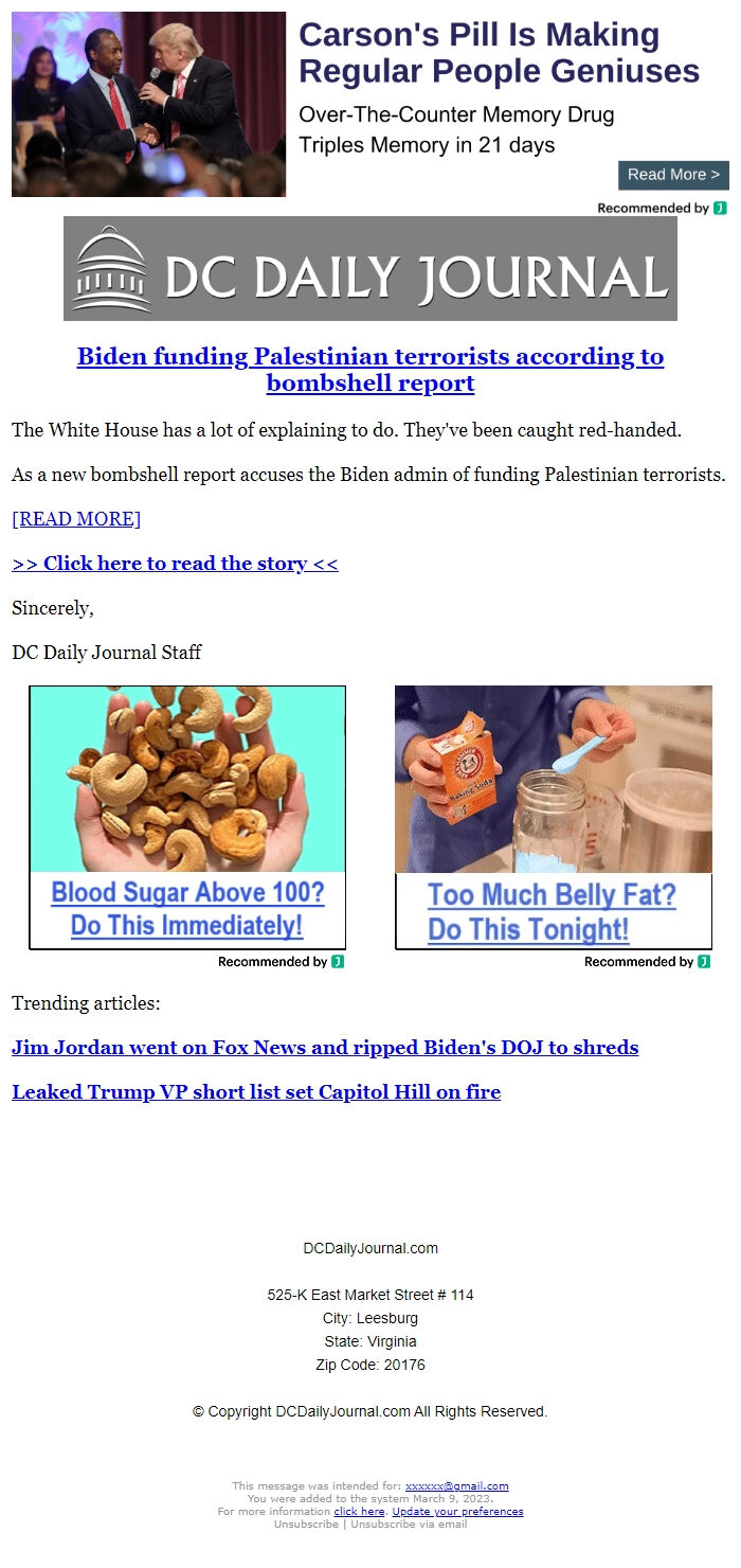 Screenshot of the email generated on import