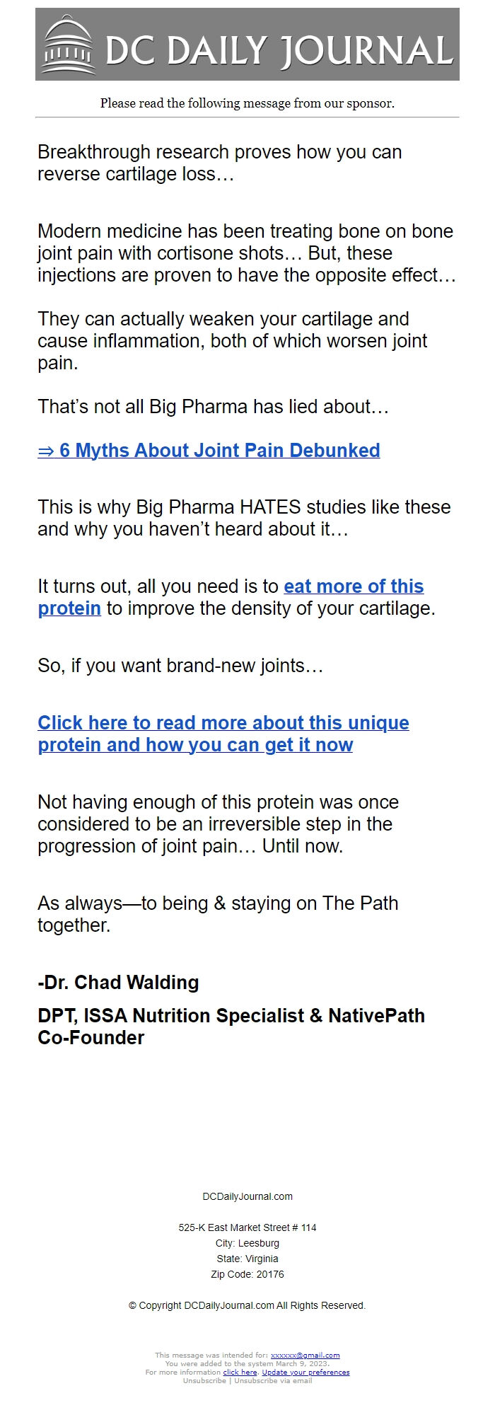 Screenshot of the email generated on import