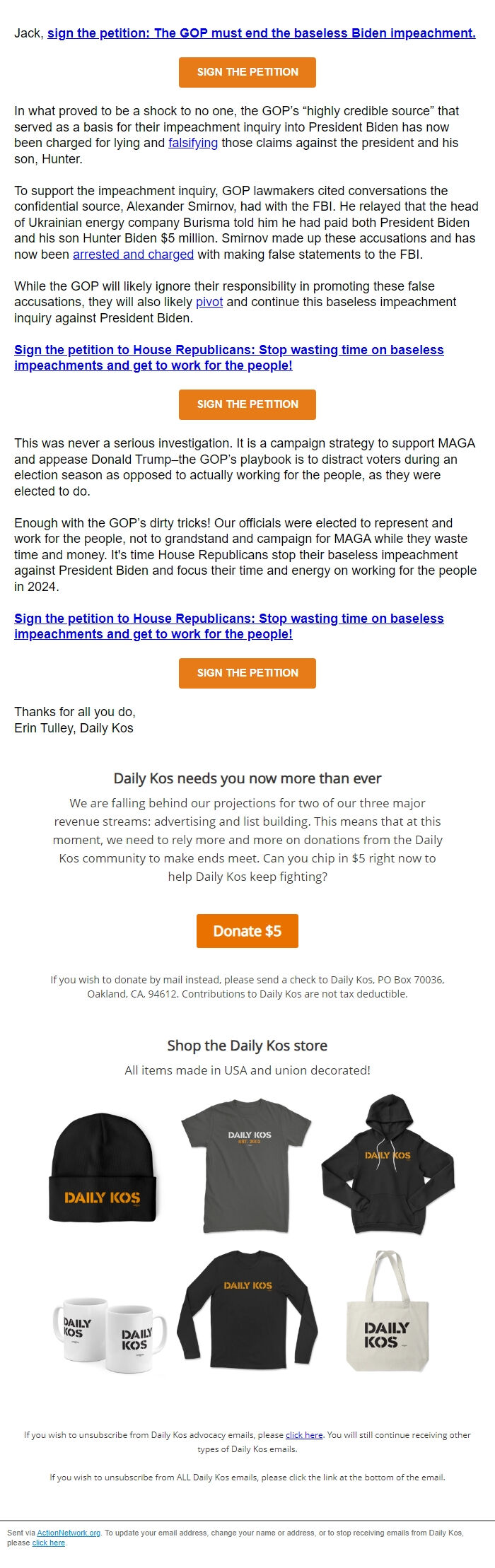Screenshot of the email generated on import