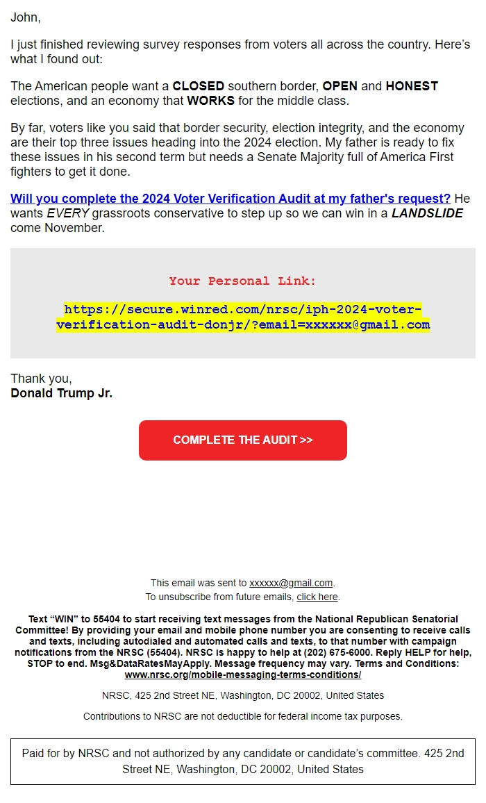 Screenshot of the email generated on import