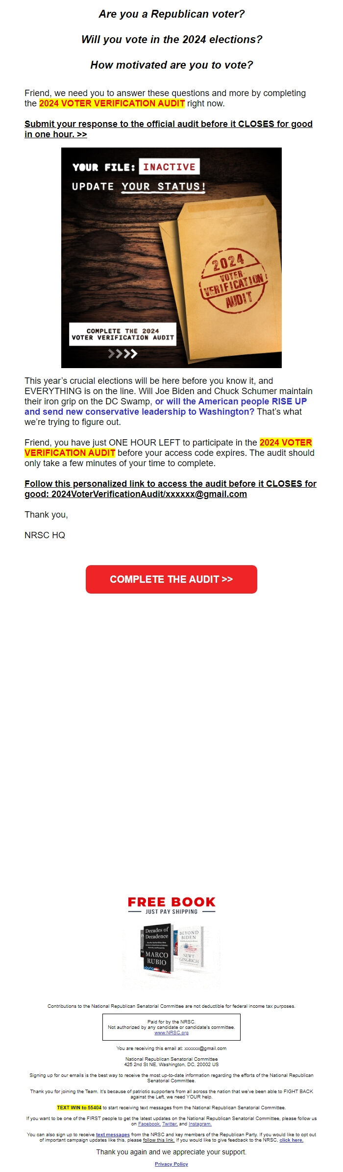 Screenshot of the email generated on import