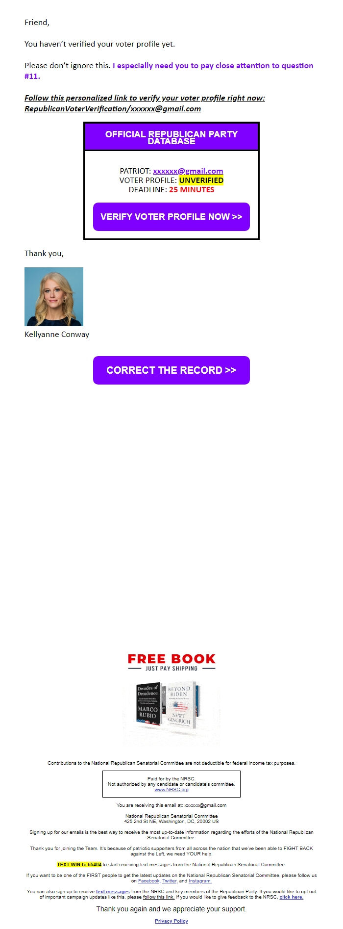 Screenshot of the email generated on import
