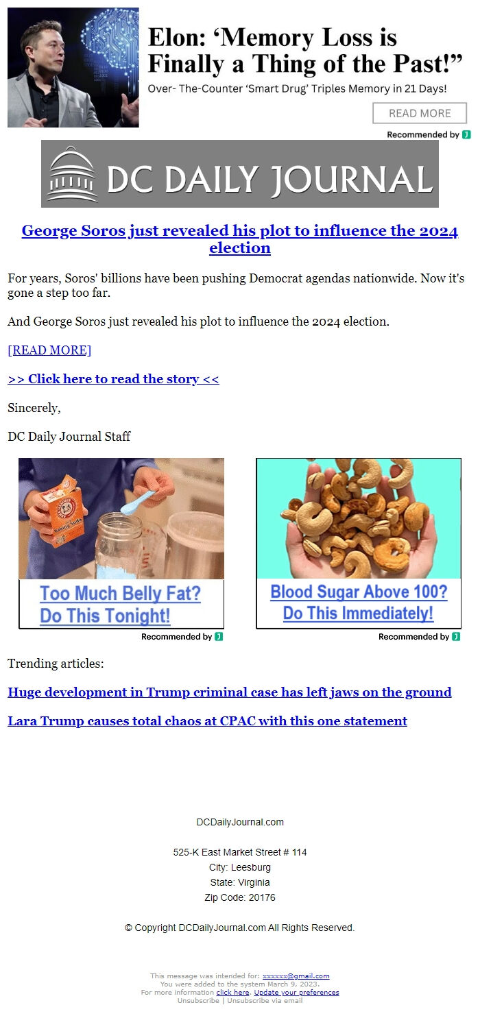 Screenshot of the email generated on import