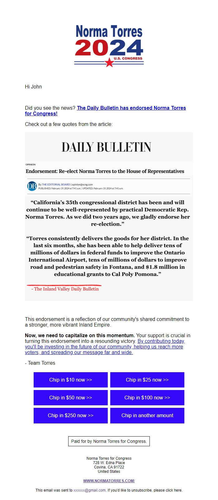 Screenshot of the email generated on import