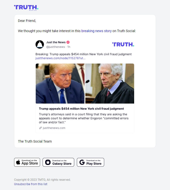 Screenshot of the email generated on import