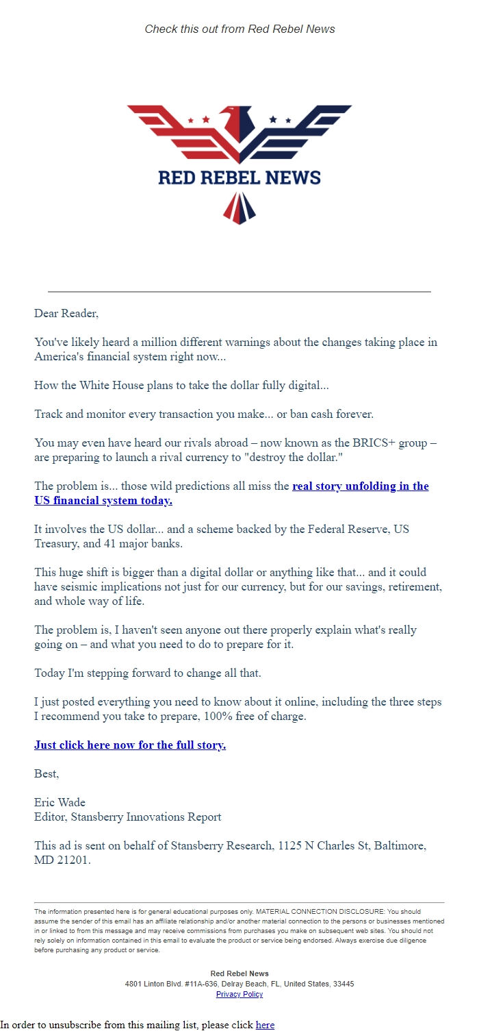 Screenshot of the email generated on import