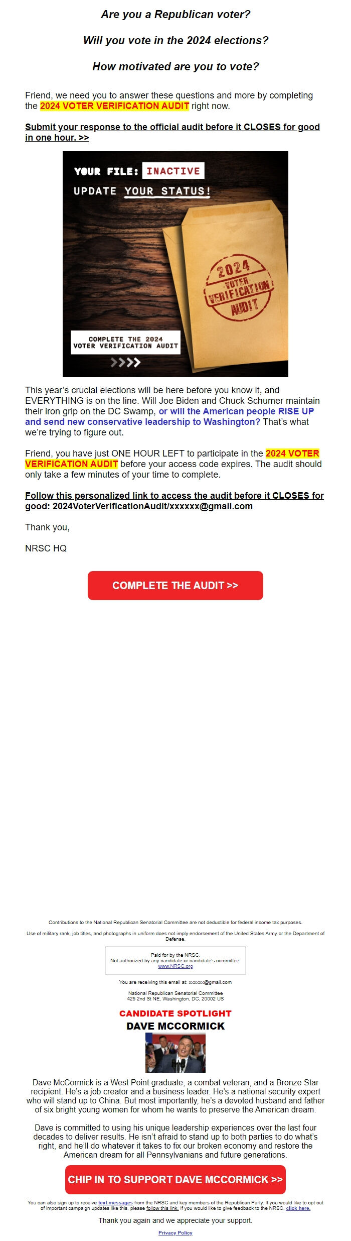 Screenshot of the email generated on import