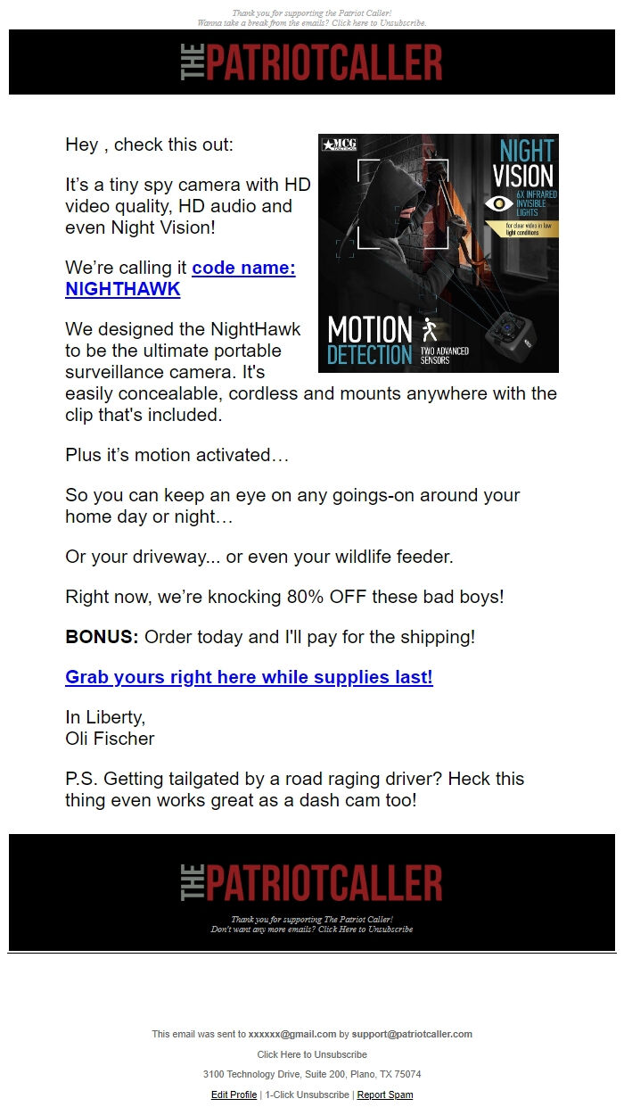 Screenshot of the email generated on import