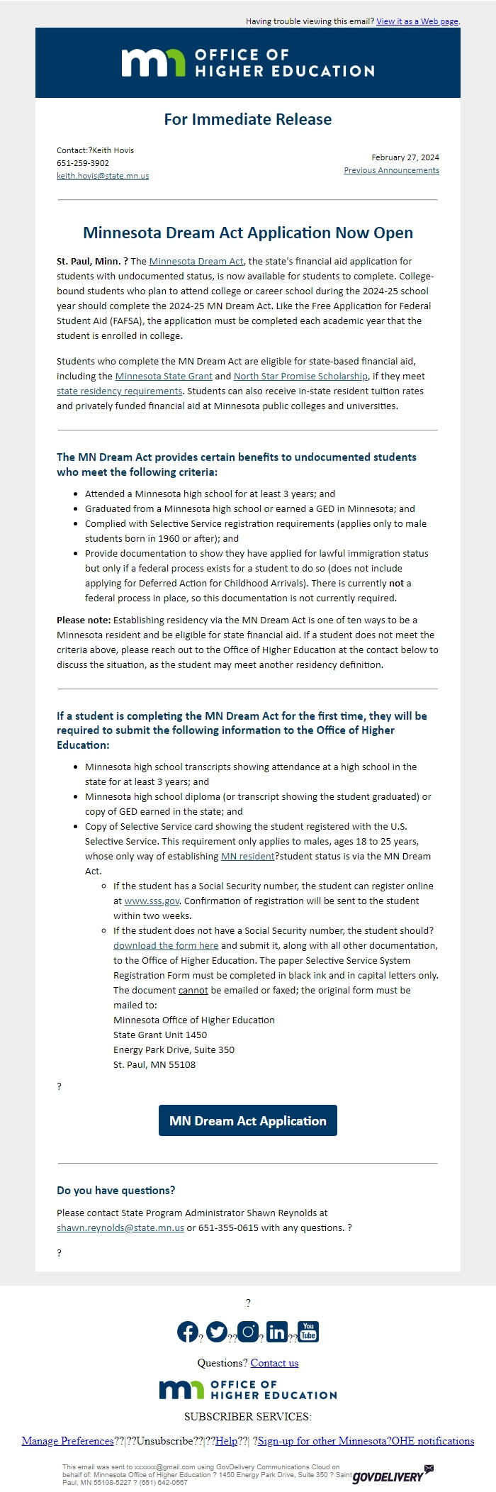 Screenshot of the email generated on import