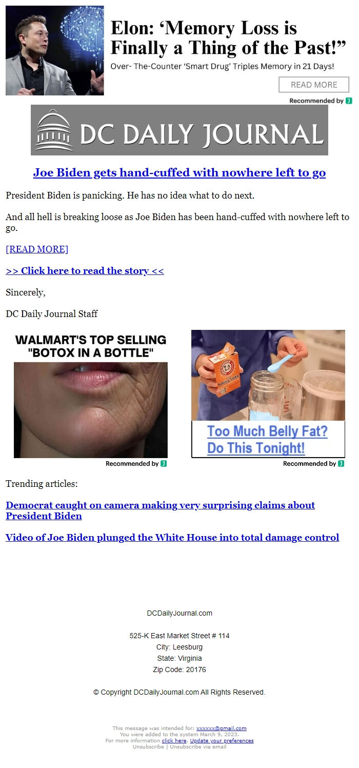 Screenshot of the email generated on import