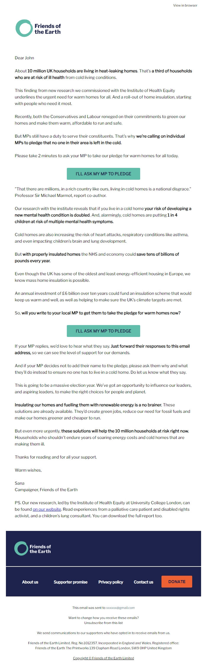 Screenshot of the email generated on import