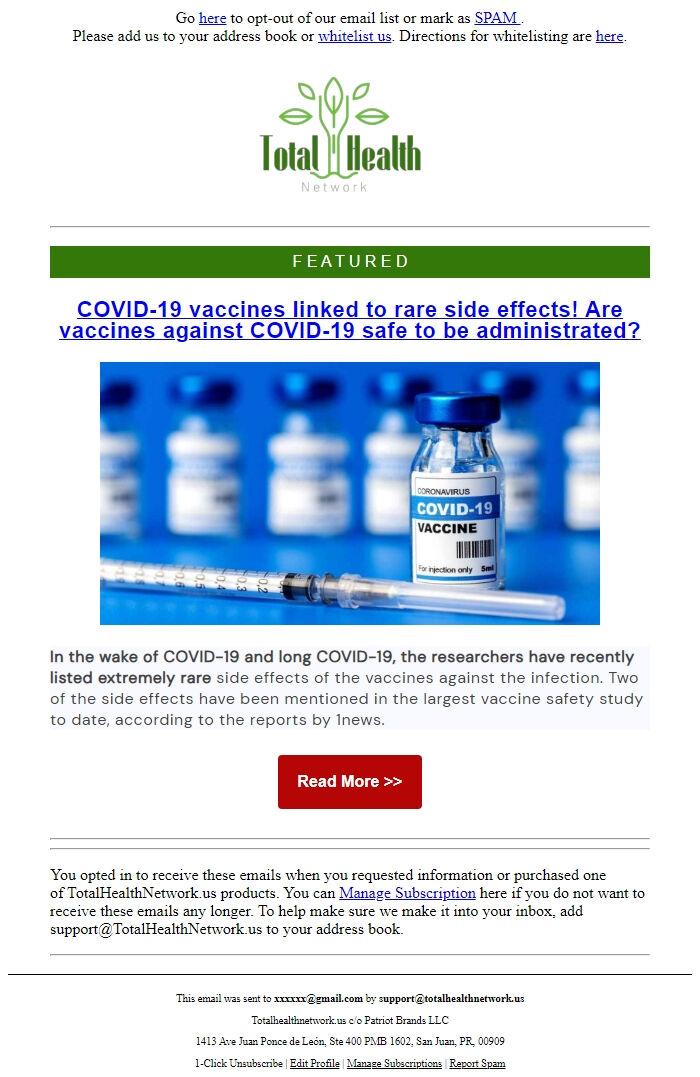 Screenshot of the email generated on import