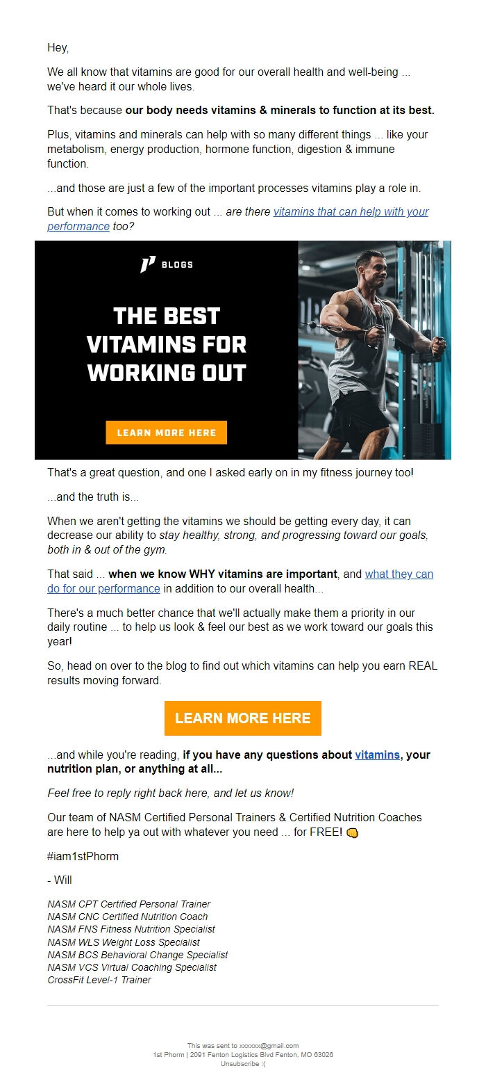Screenshot of the email generated on import