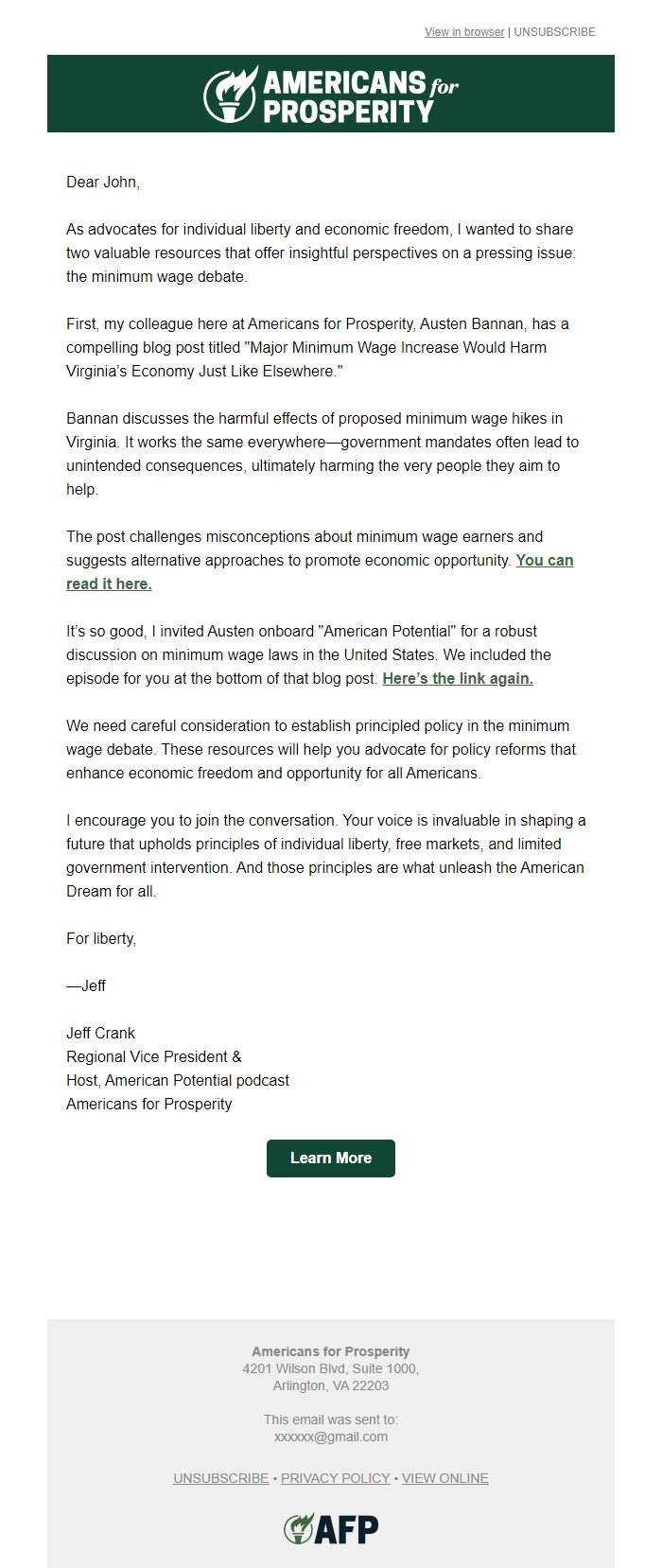 Screenshot of the email generated on import