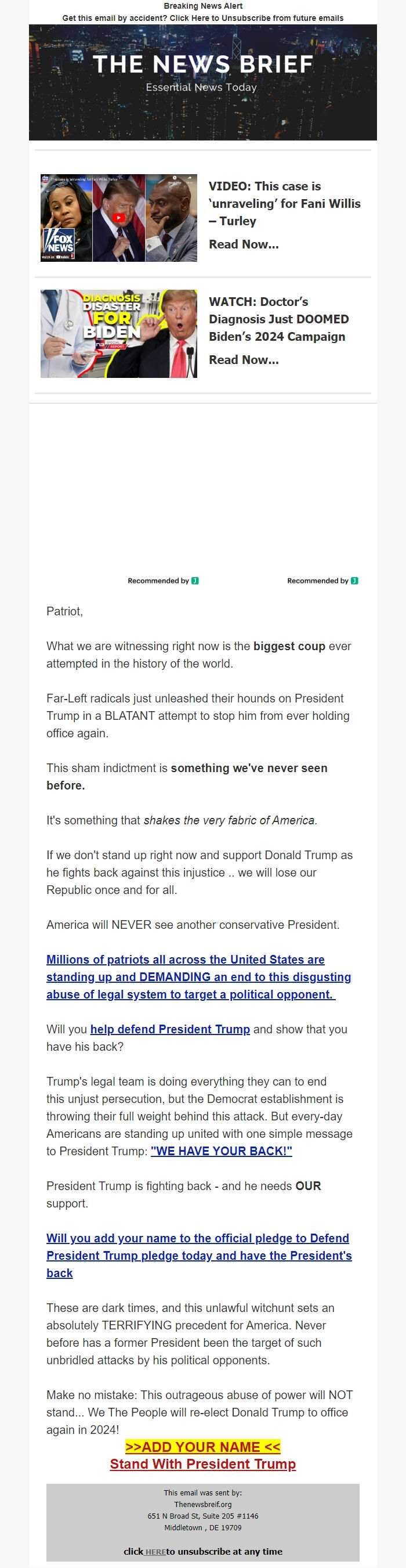 Screenshot of the email generated on import
